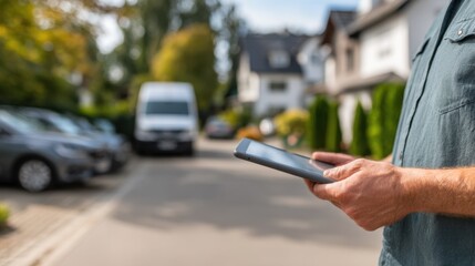 Delivery driver holds tablet with route planning app in sharp focus faded suburban houses and parked cars behind.