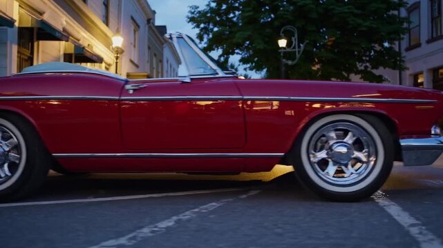 red vintage convertible parked dusk street, classic chrome details catching warm lamplight, quiet historic downtown with wet pavement reflections, slow low-angle tracking shot, nostalgic cinematic