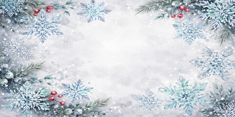 Blue winter holiday background with a frozen snowflake pattern, decorative Christmas tree branches, and New Year ornaments on a seasonal blue frame design