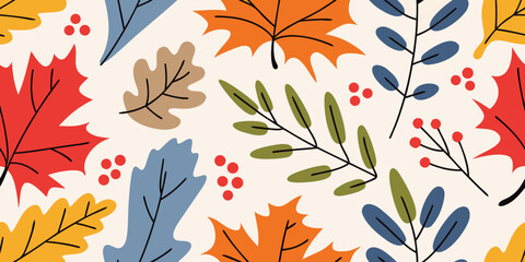 A colorful autumn pattern featuring leaves berries and delicate foliage © KrishnaPada