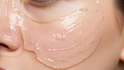 Fototapeta premium Close-up of a woman's face with a translucent pink gel facial mask featuring exfoliating beads for advanced skincare and beauty treatment