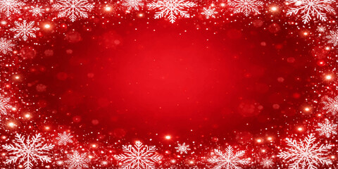 A festive red Christmas background features white snowflakes and stars in a decorative winter pattern for a holiday celebration greeting card design