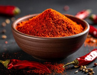 Vibrant Red Chili Powder in a Rustic Bowl with Dried Peppers and Spices.