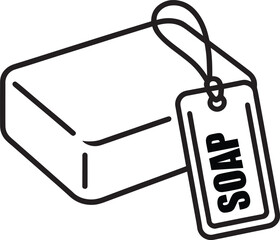 Simple line art drawing of a bar of soap with a tag