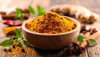 Vibrant Turmeric Powder in Wooden Bowl with Fresh Spices and Herbs on Rustic Table.