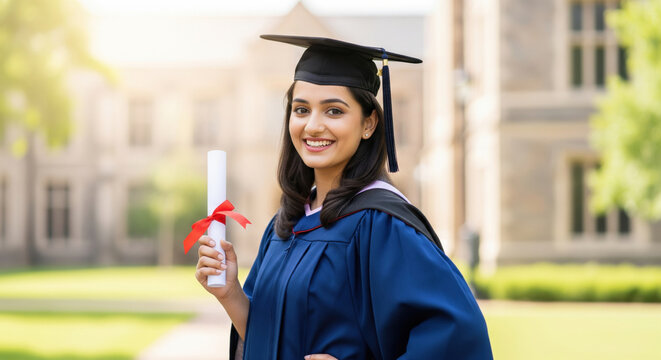 A young indian teenage female graduate student wearing a blue graduation gown and mortarboard holding a diploma on a university campus with blurred buildings in the background.