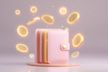 Enchanting pink wallet with floating coins studio setting digital art elegant conceptual view