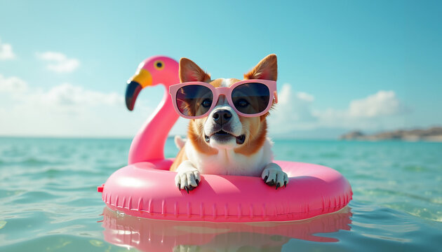 Dog relaxing on pink floatie in water with sunglasses on sunny day  