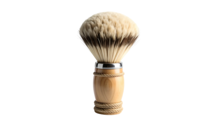 A close-up of a shaving brush with a light wood handle and a dense, full head