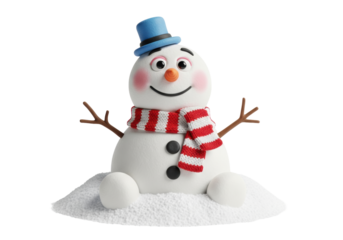 cheerful, textural polymer clay snowman wearing a red striped scarf and blue top hat, centered against a transparent background with strong rim lighting. concept for festive holiday greetings