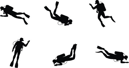 Scuba diver silhouette illustration set underwater diving sport oxygen tank swimming adventure exploration black isolated design collection