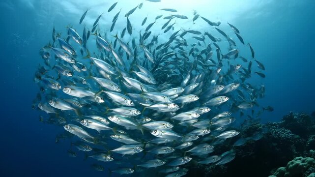 School of fish forms spiral underwater near coral reef. Fish create swirling school in ocean water. Marine wildlife swims in spiral formation. School moves through blue underwater habitat.