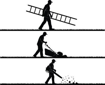 Black silhouette vector of male workers performing garden maintenance tasks including carrying a ladder, mowing the lawn, and using a leaf blower.
