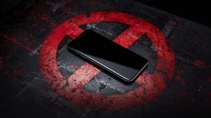 Smartphone on prohibition symbol representing digital restriction concept