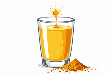Vibrant Turmeric Juice Splashing into a Glass with a Mounded Heap of Turmeric Powder on a White Background