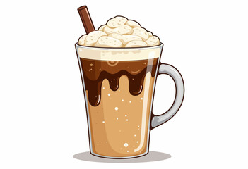 Illustration of a frothy iced coffee in a transparent glass mug topped with whipped cream and a cinnamon stick, showing refreshing cold beverage appeal