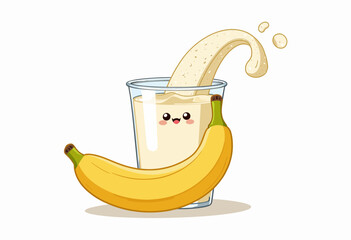 Charming Cartoon Illustration of a Fresh Banana Smoothie with a Smiling Face Splash and Whole Banana for Wholesome and Fun Refreshment