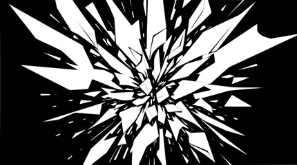 Abstract white shards exploding outwards on a black background, creating a dynamic shattered glass effect.