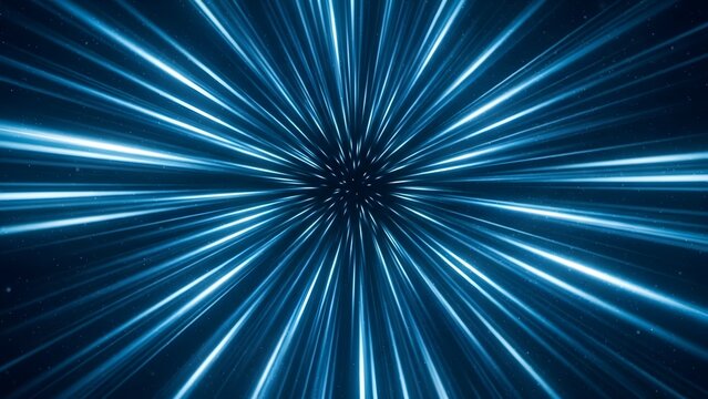 Cool blue/teal radial beams rushing toward the viewer (warp speed)