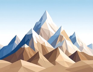 A geometric illustration of several mountain peaks against a light blue sky. The mountains are shaded with varying shades