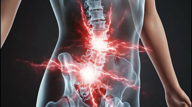 A dramatic 3d rendered x-ray view of a human torso showing the lumbar spine and pelvis, highlighting intense red glowing pain against a dark clinical background.