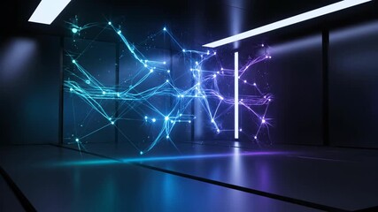 Abstract Network of Glowing Blue and Green Lines in Futuristic Dark Room.