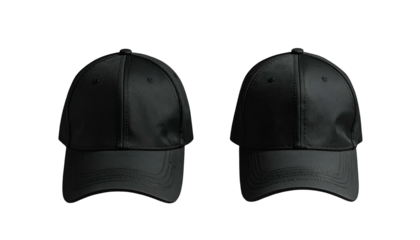 Two identical black baseball caps isolated on a dark background, frontal view
