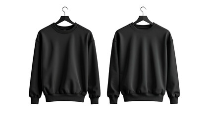 Two plain black crewneck sweatshirts hang on black hangers against a black background