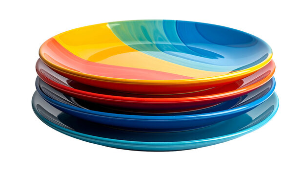Stack of colorful, round ceramic plates with vibrant, rainbow-like painted surfaces - Powered by Adobe