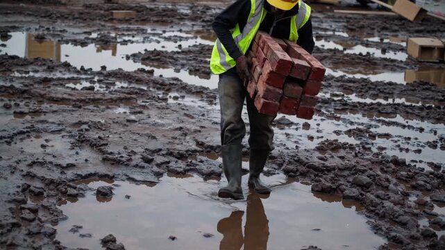 mason carrying bricks through muddy construction site, yellow helmet and high-visibility vest, boots sinking