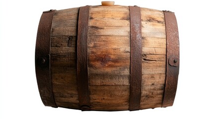 This rustic wooden barrel showcases exquisite craftsmanship with iron bindings, symbolizing traditional brewing methods, and representing the rich heritage of craftsmanship and artisan skills.