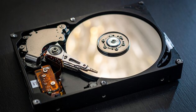 Close-up of an open hard disk drive revealing its internal components and shiny platters.