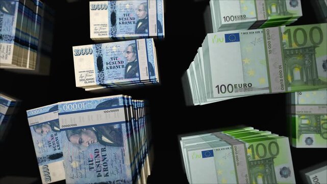 Euro and Iceland krona Icelandic money money exchange. Paper banknotes pack bundle. Concept of trade, economy, competition, crisis, banking and finance. Notes loopable seamless 3d animation.