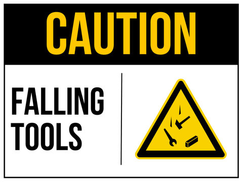 Caution, Falling Tools sign. Falling objects danger sign. Falling objects warning sign. Caution, falling objects from a height on construction sites cause injury. 