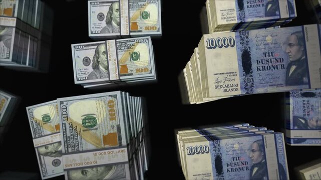 American Dollar and Iceland krona Icelandic money money exchange. Paper banknotes pack bundle. Concept of trade, economy, competition, crisis, banking and finance. Notes loopable seamless 3d.