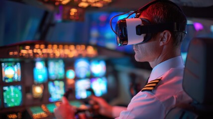 Obraz premium Medium shot of a pilot immersed in virtual reality flight training focusing on the headset and hand controls while background cockpit instruments blur.