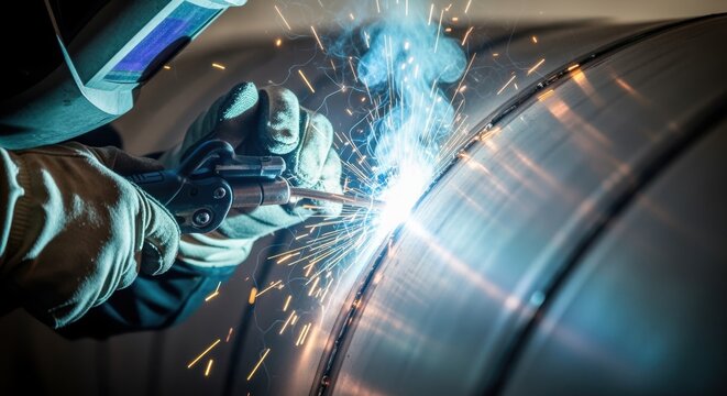 Close perspective of fluxcored arc welding on hyperloop vacuum tube curved shell intricate metal fusion techniques in cuttingedge transport build.