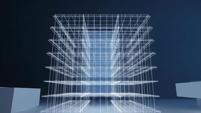 A futuristic architectural rendering of a buildings wireframe structure in a dark blue room with glowing lines and rectangular shapes around it