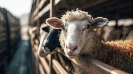 Obraz premium Side view of sheep calmly standing inside a livestock transport truck the main flock in crisp focus contrasting with the blurred farm environment outside.