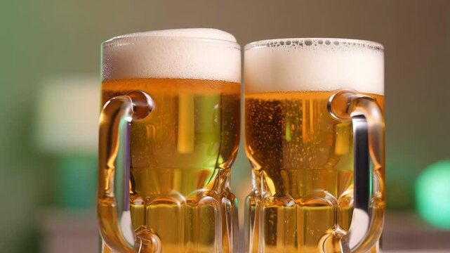 Two beer mugs clinking with golden frothy beer, soft green party lights, festive celebration, close-up beverage cheers, sparkling bubbles video footage