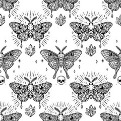 Mystical moth seamless pattern  occult boho black line art