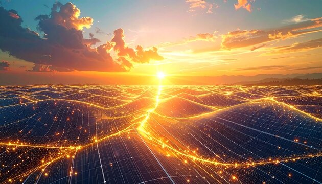 Vast solar energy networks floating in the sky, abstract sun cores, golden and orange light waves, futuristic sustainable world, clean energy theme, soft cinematic background.