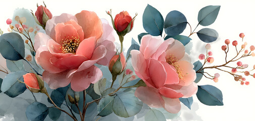 arrangements with watercolor flowers. floral illustration. Botanic composition for wedding or greeting card. branch of flowers - abstraction roses