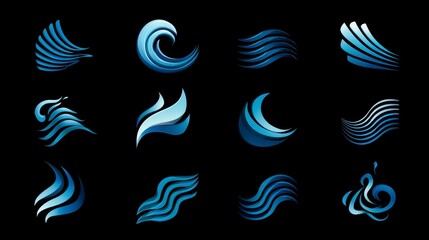 A collection of stylized, abstract blue wave icons, each with unique curvature and form, set against a stark black background