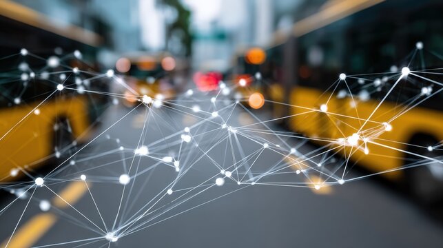 Close medium shot of a digital twin monitoring bus route data and predictive analytics keeping the virtual model crisp as the environment fades into soft blur. - Powered by Adobe