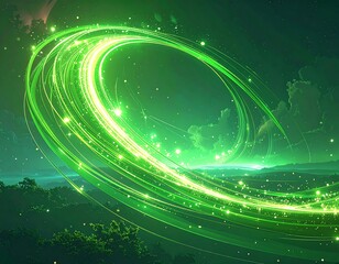 Vivid green energy vortex illuminates a tranquil landscape