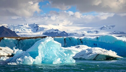 A picturesque scene featuring turquoise icebergs floating on dark water with snowy mountains and fluffy clouds in the background