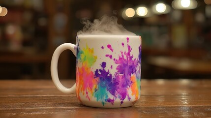 Medium shot of a steaming mug revealing vibrant thermochromatic color patterns as heat activates the ink highlighting a creative temperaturesensitive design.