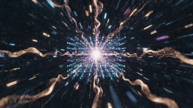 Vibrant light rays and colorful sparks radiate from a central point against a dark background with a dynamic, energetic mood.