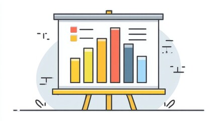 A cartoon illustration of a presentation board with a bar graph showing data analysis. The board sits on a yellow easel against a white background